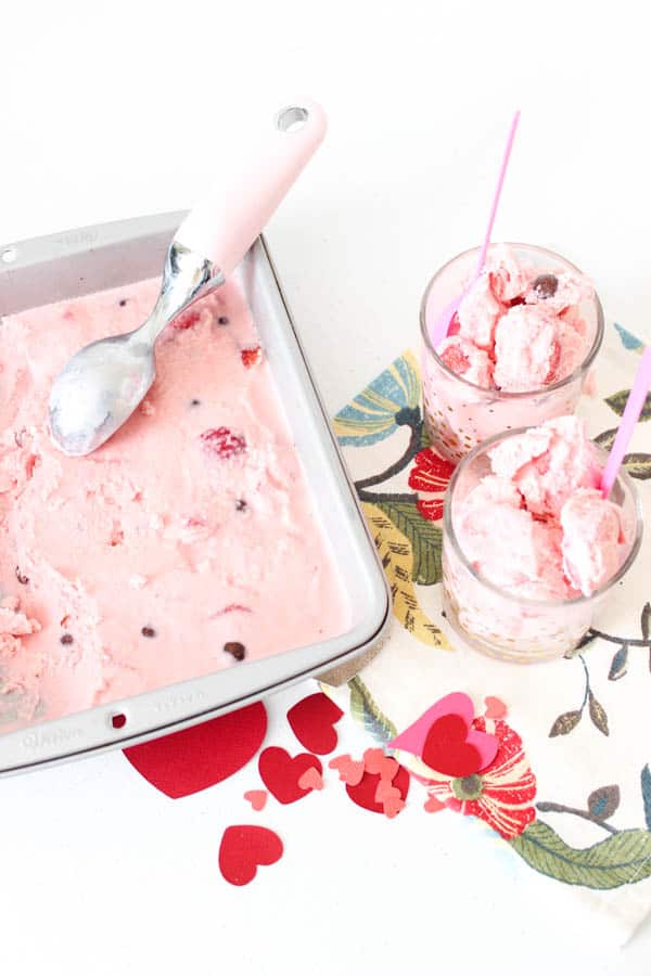 how to make homemade strawberry ice cream with frozen strawberries and M&Ms to serve in cups