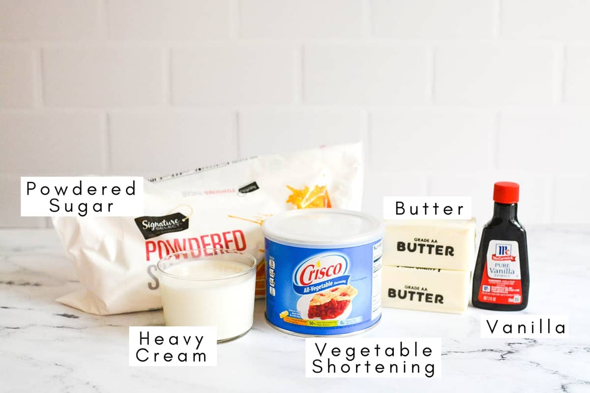 Labeled ingredients to make a classic buttercream.