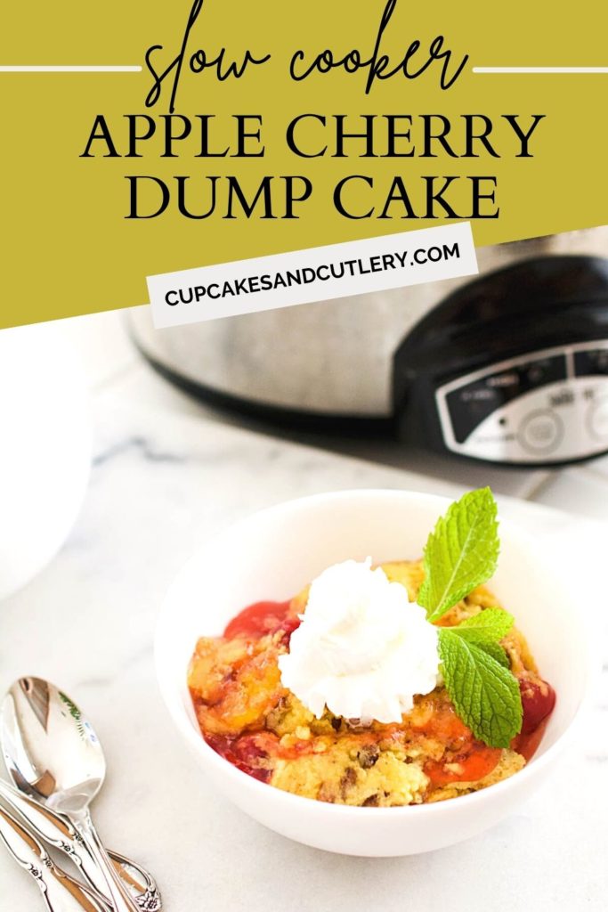 A bowl of apple cherry dump cake in front of a slow cooker with text around it.