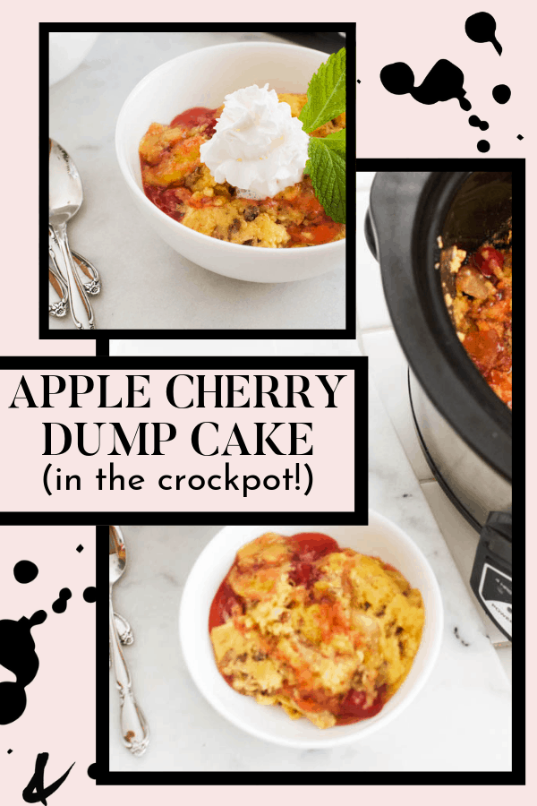 collage of apple cherry dump cake images with text overlay