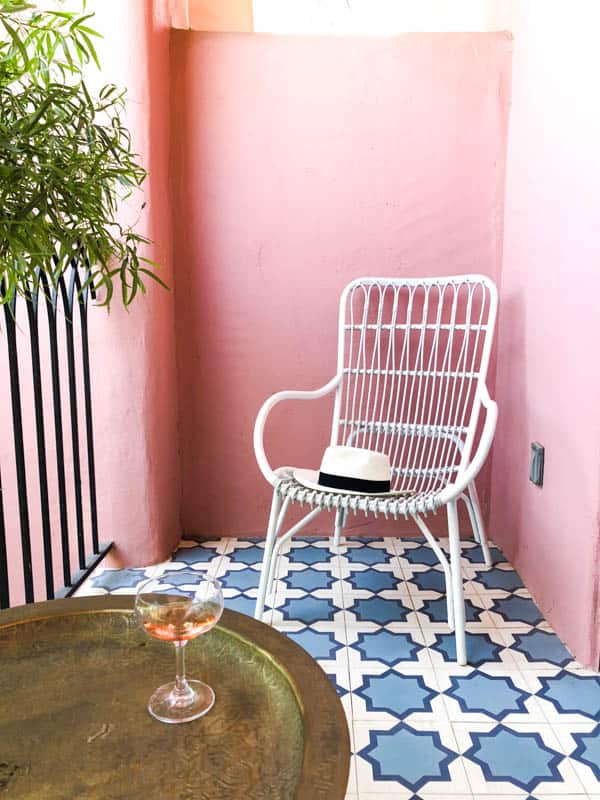 Gorgeous pink walled balcony of our room at The Sands Hotel in Palm Springs. 