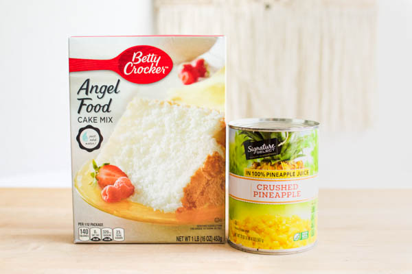 Angel food cake mix and crushed pineapple to make a dump cake. 