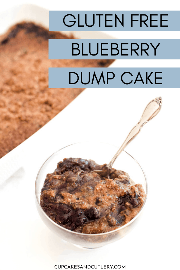 easy gluten free blueberry dump cake in a bowl next to the pan on a table