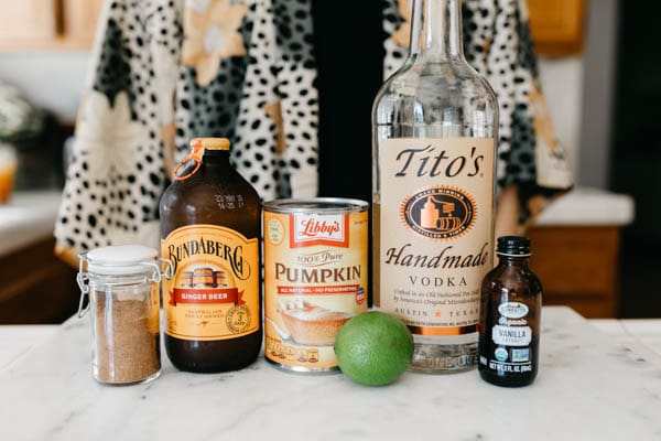 Ingredients to make a pumpkin pie spice moscow mule.
