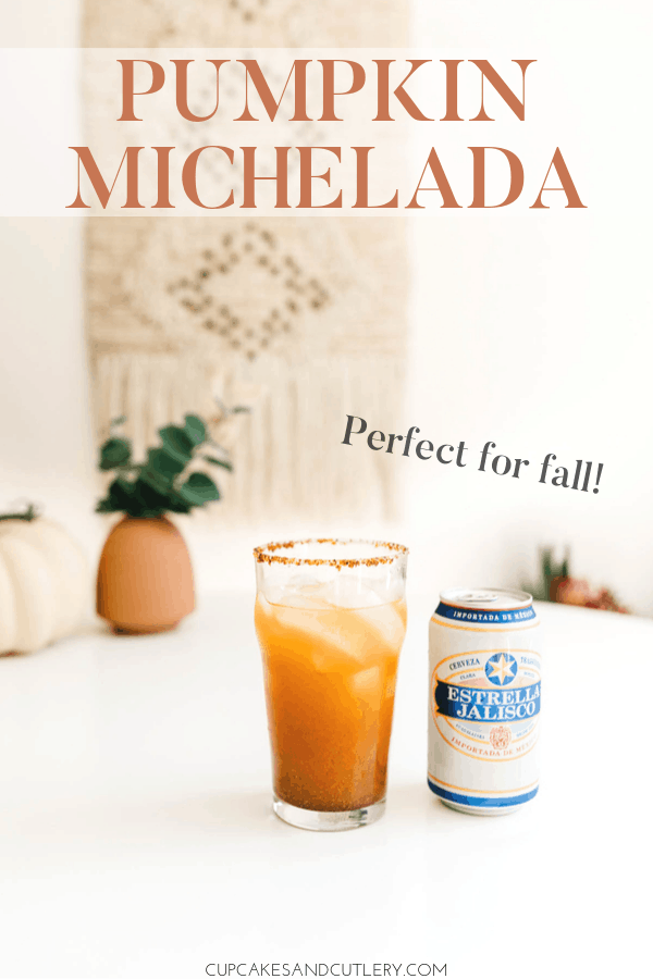 pumpkin michelada on a table next to a can of beer