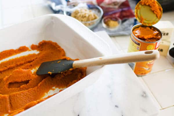 White baking dish with canned pumpkin spread in the bottom of it. 