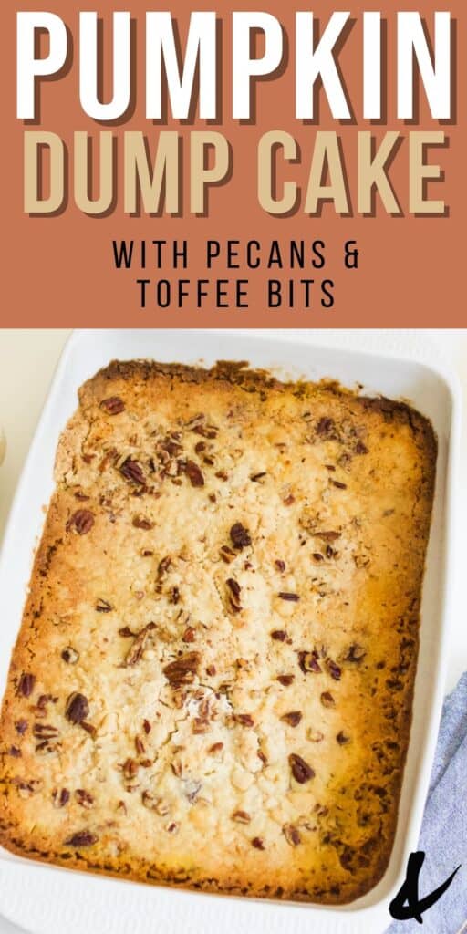 Close up of a baked pumpkin dump cake with no eggs in a baking dish.