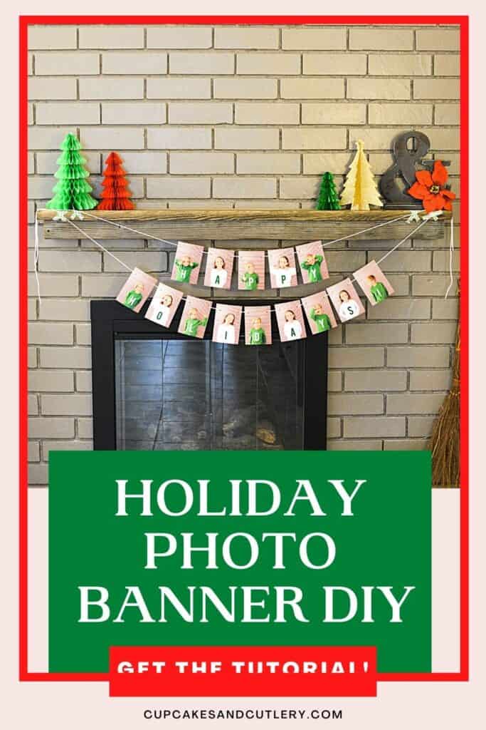 Photos of kids strung as a garland hanging from a mantle for the holidays.