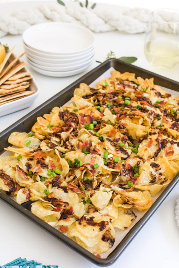 Potato Chip Nachos with Blue Cheese Bacon and Balsamic.