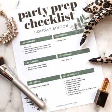 holiday party beauty checklist printable on a table