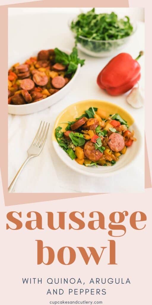 A bowl with sausage and peppers topped with torn basil next to a bowl of arugula, a red bell pepper and more sausage and peppers.