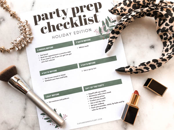 party prep printable checklist for holiday beauty routine printed on a table