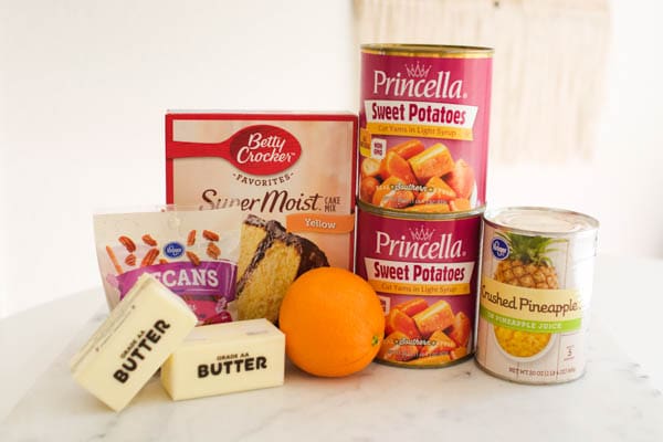 Ingredients for sweet potato dump cake on a table. 