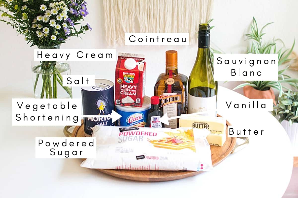 Labeled photo of ingredients needed to make sangria buttercream.