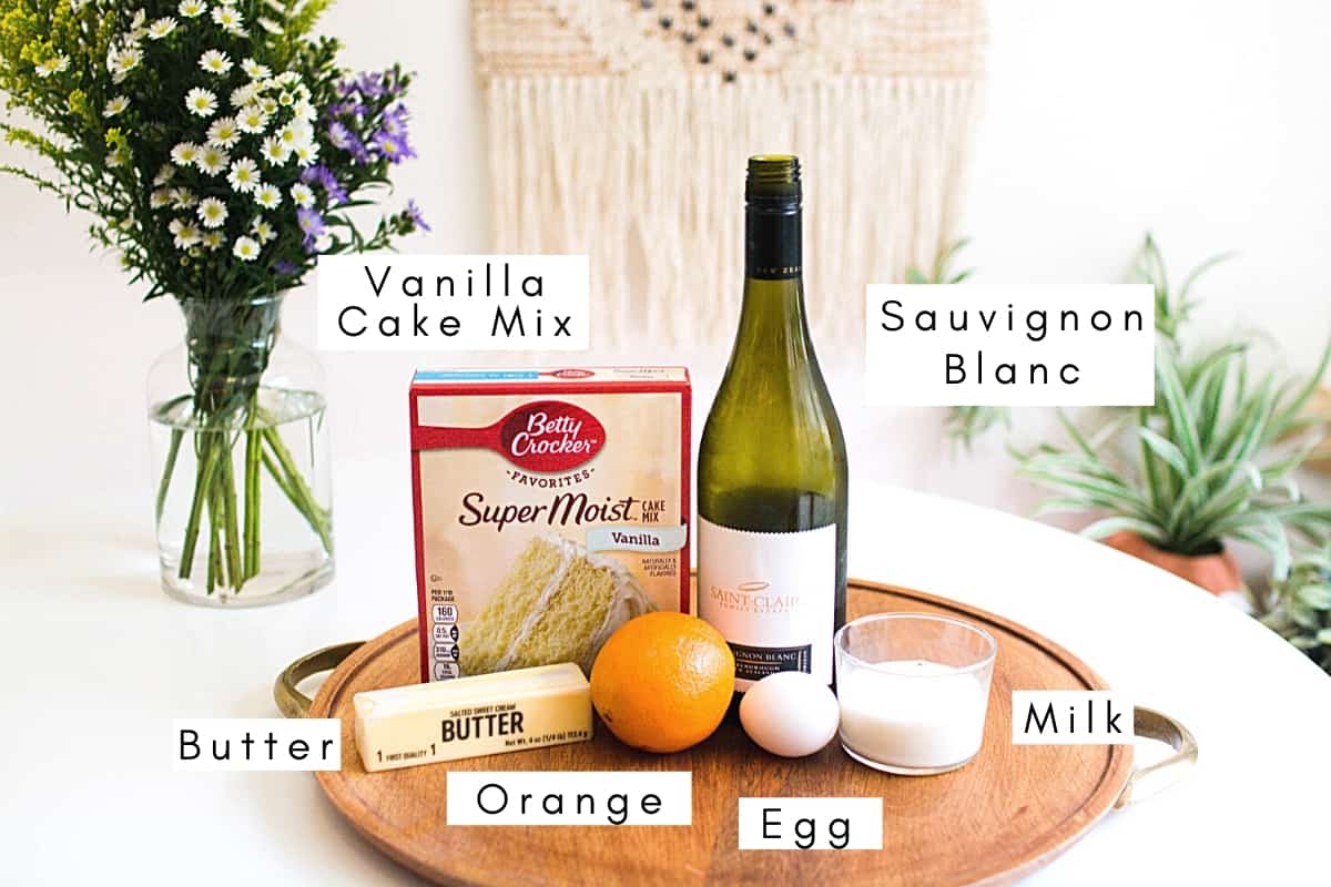 Labeled photo of ingredients needed to make white wine sangria cupcakes.