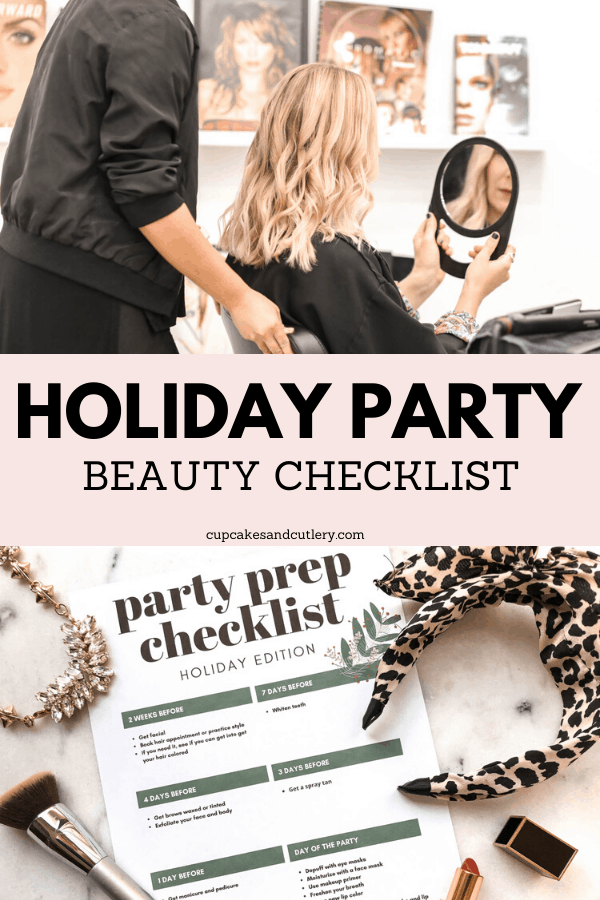 printable party checklist and girl getting ready for a holiday party