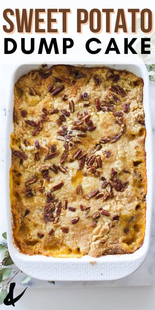 Overhead shot of a Sweet Potato Dump Cake topped with pecans.