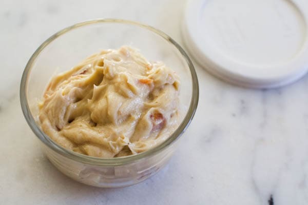 Brown sugar bacon butter in a bowl for a Thanksgiving dinner.