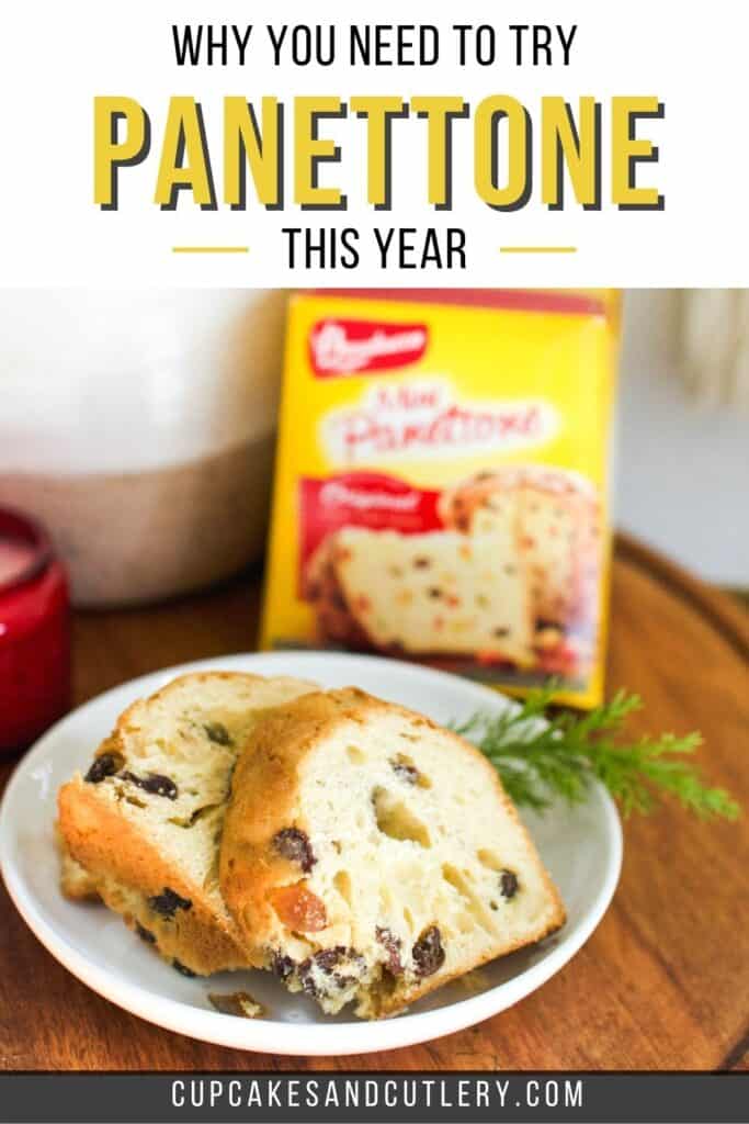 Panettone slices on a plate next to the yellow gift box.