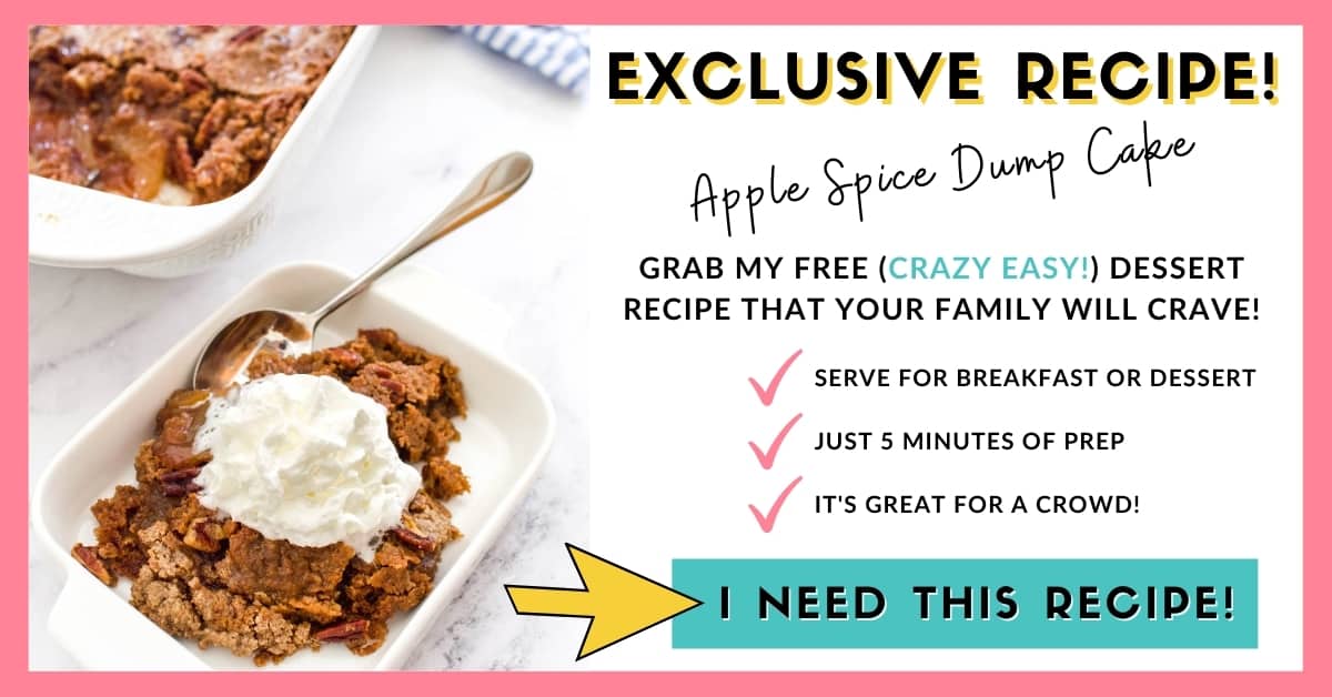 A photo of an apple spice dump cake with text around it to get the free recipe.