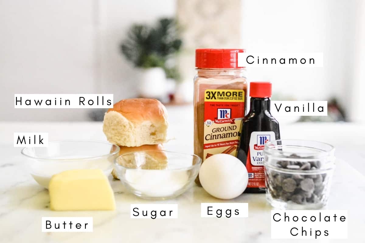 Labeled ingredients to make microwave bread pudding with chocolate chips.