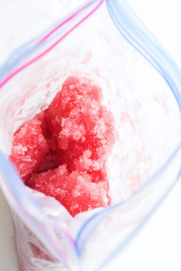 Frozen cranberry cocktail in a ziplock bag. 