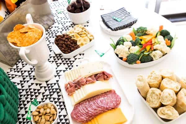 Party table with snacks for a football party.