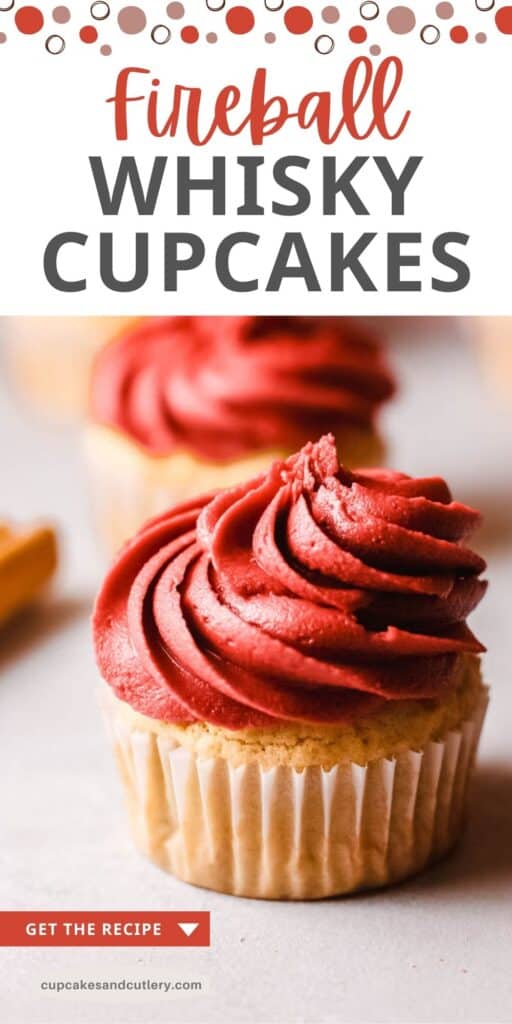 Close up of a cupcake with red frosting on a table with text around it.