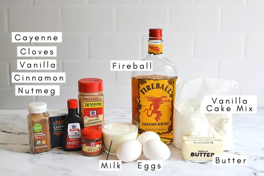 Labeled ingredients to make Fireball cupcakes.