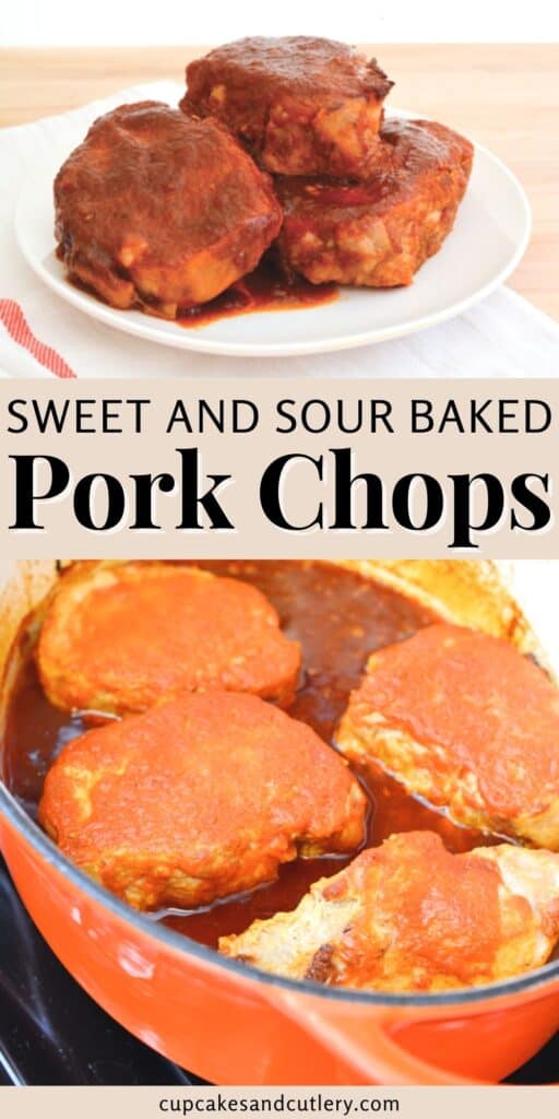 Collage of images for sweet and sour pork chops being made.