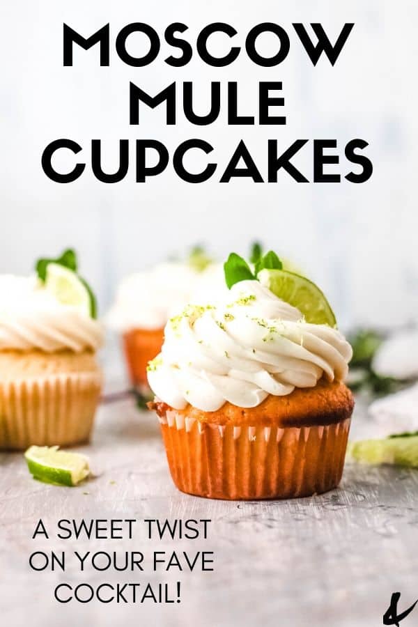 Frosted Moscow Mule cupcakes with text overlay.