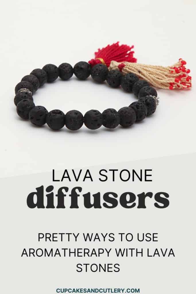 A lava stone diffuser bracelet with text around it.