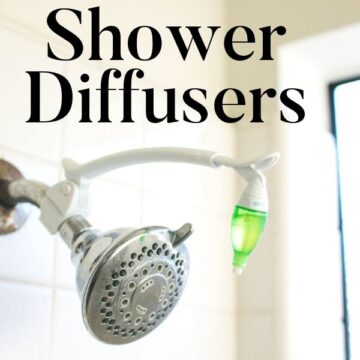 Close up of a shower head with an essential oils diffuser and text overlay.