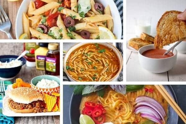 Collage of photos of dinner ideas you can make from things in your pantry. 