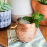 Copper mug holding a rum Moscow Mule on a stiped napkin.