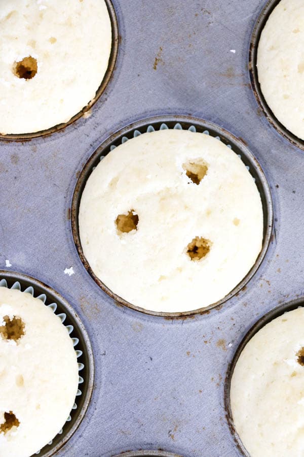 A pan of baked cupcakes with holes poked in the top for Jello.