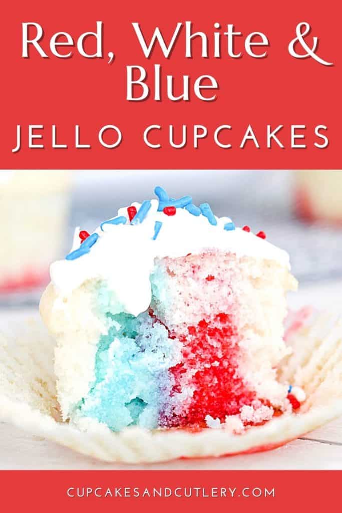 Close up of a poke cupcake decorated in red and blue with a bite bitten out of it to show the middle.