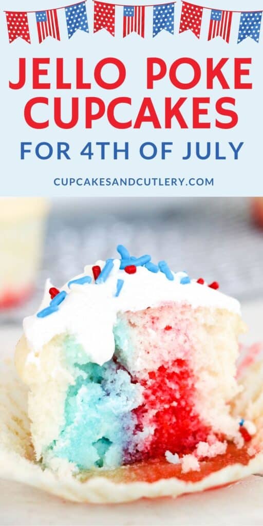 Close up of a Jello poke cupcakes with red and blue coloring in the middle.