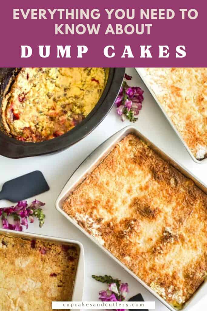 Text - Everything You Need to Know About Dump Cakes with 4 dump cakes in baking dishes on a table.
