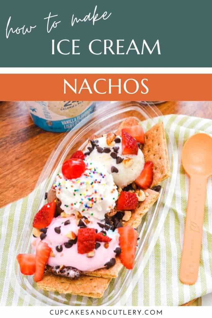A small bowl with ice cream nachos topped with fruit and chocolate chips.
