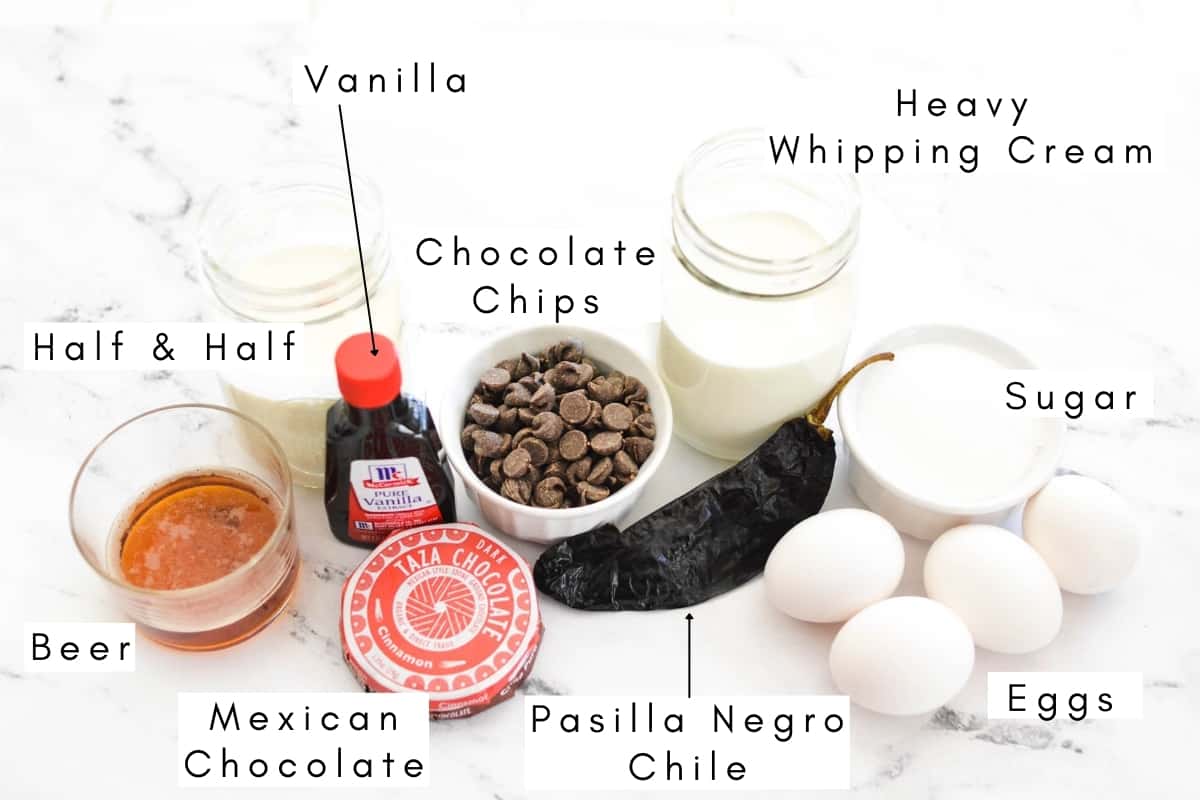 Labeled ingredients for beer infused chocolate chile ice cream.