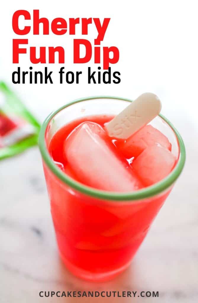 Close top of a Cherry Fun Dip Drink in a green rimmed glass.