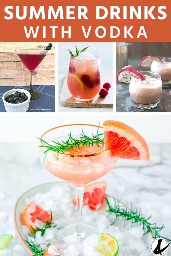 Individual summer drink recipes with vodka in a collage.