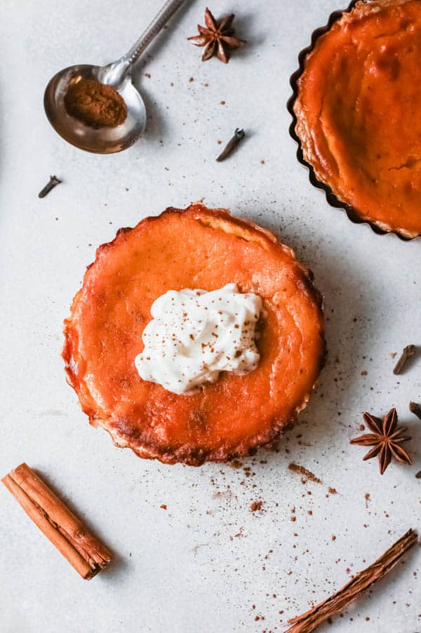 Top view of a mini pumpkin pie infused with Fireball.