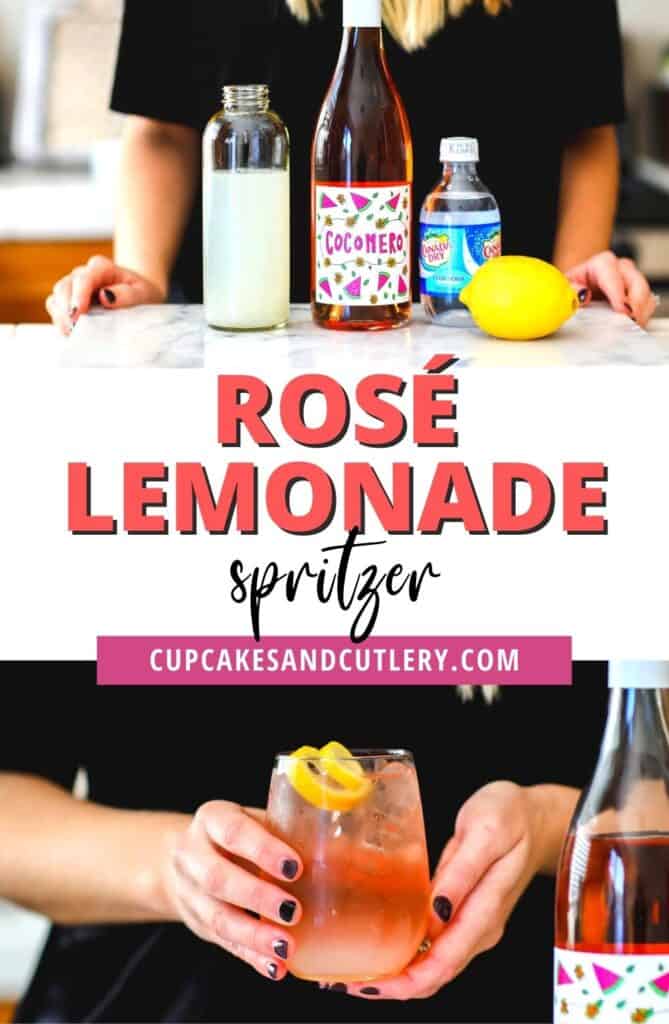 Collage of images to make a rosé lemonade cocktail, with text that reads Rosé Lemonade Spritzer.