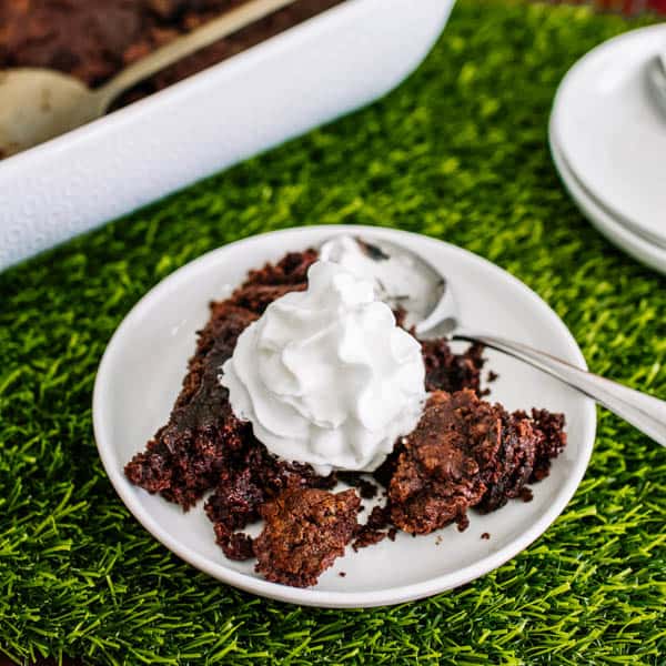 Plate with a serving of Chocolate Dump Cake. 
