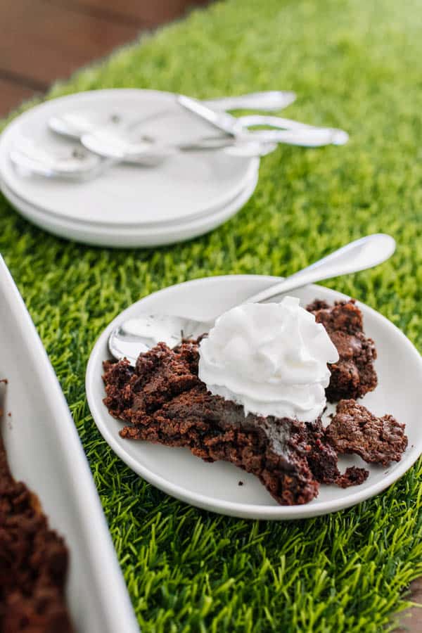 Chocolate Dump Cake on a plate topped with whipped cream on a grass mat.