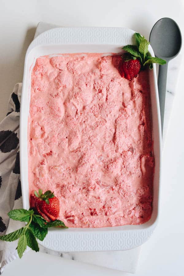 Overhead shot of a simple chilled strawberry dessert.