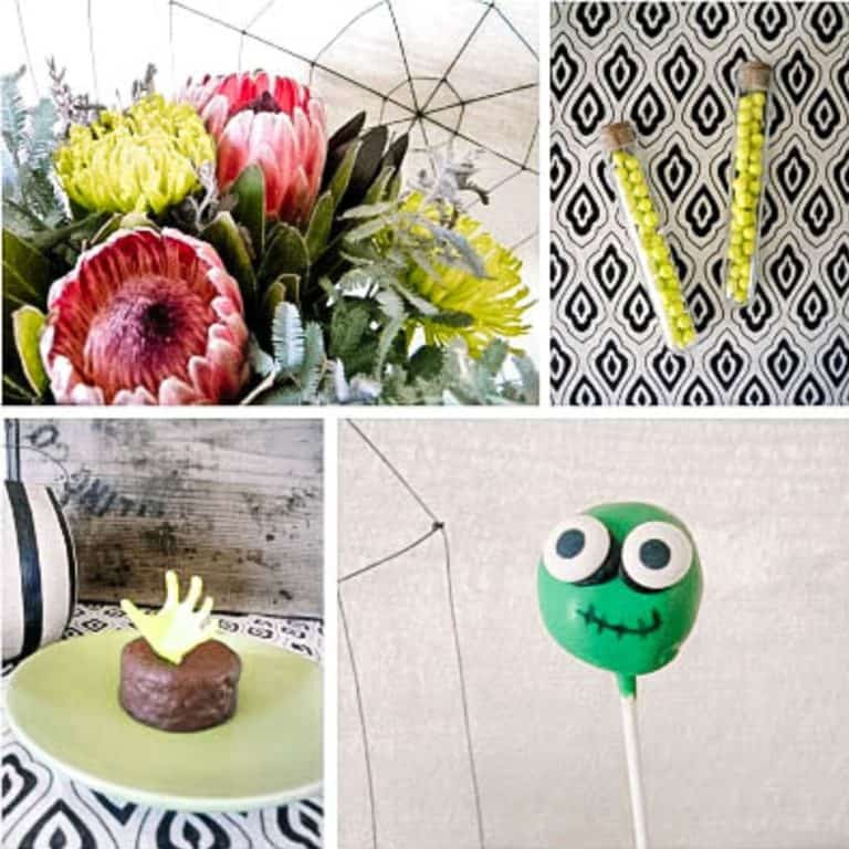 Collage of party decorations and food for a zombie party.