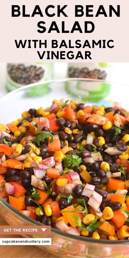 Close up of a bowl holding a black bean salad recipe with text around it.